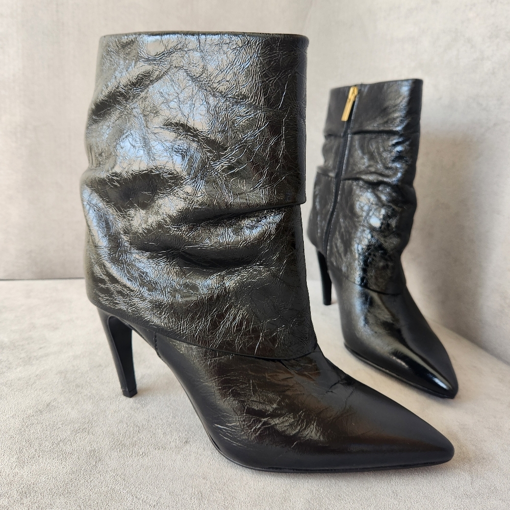 Vince Camuto Heeled Booties 9 Black Patent Leather Blaira Pointy Slouchy New$180